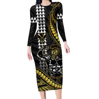 Hawaii Ikaika Warrior Helmet Family Matching Long Sleeve Bodycon Dress and Hawaiian Shirt Gold Style LT05 Mom's Dress Gold - Polynesian Pride