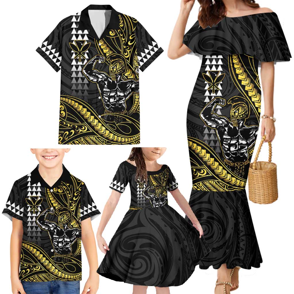 Hawaii Ikaika Warrior Helmet Family Matching Mermaid Dress and Hawaiian Shirt Gold Style LT05 - Polynesian Pride