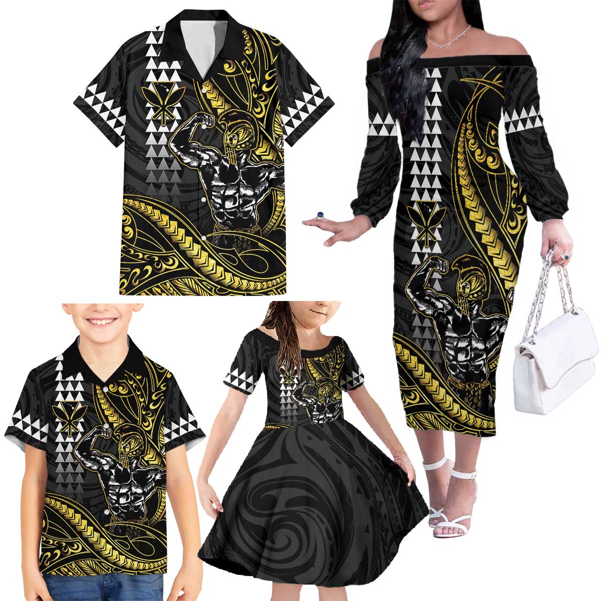 Hawaii Ikaika Warrior Helmet Family Matching Off The Shoulder Long Sleeve Dress and Hawaiian Shirt Gold Style LT05 - Polynesian Pride