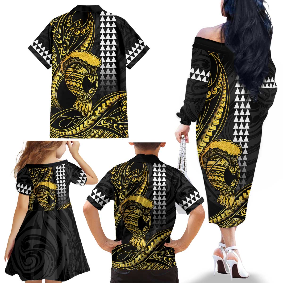 Hawaii Ikaika Warrior Helmet Family Matching Off The Shoulder Long Sleeve Dress and Hawaiian Shirt Gold Style LT05 - Polynesian Pride