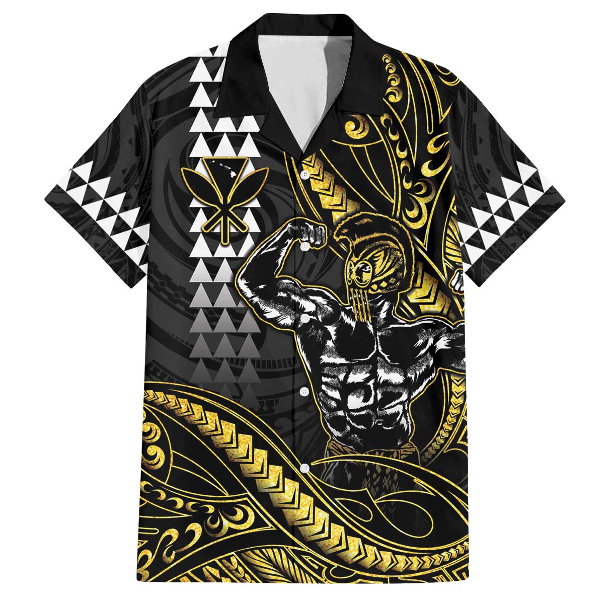 Hawaii Ikaika Warrior Helmet Family Matching Off The Shoulder Long Sleeve Dress and Hawaiian Shirt Gold Style LT05 Dad's Shirt - Short Sleeve Gold - Polynesian Pride