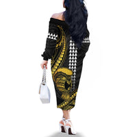 Hawaii Ikaika Warrior Helmet Family Matching Off The Shoulder Long Sleeve Dress and Hawaiian Shirt Gold Style LT05 - Polynesian Pride