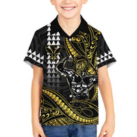 Hawaii Ikaika Warrior Helmet Family Matching Off The Shoulder Long Sleeve Dress and Hawaiian Shirt Gold Style LT05 Son's Shirt Gold - Polynesian Pride