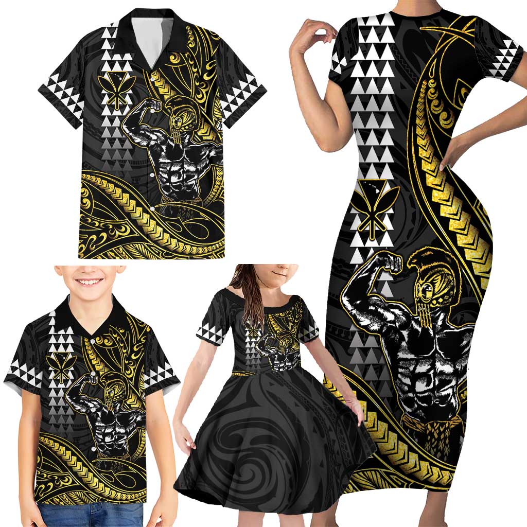 Hawaii Ikaika Warrior Helmet Family Matching Short Sleeve Bodycon Dress and Hawaiian Shirt Gold Style LT05 - Polynesian Pride