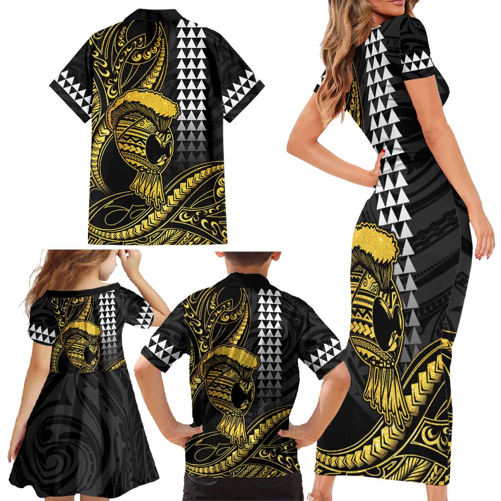 Hawaii Ikaika Warrior Helmet Family Matching Short Sleeve Bodycon Dress and Hawaiian Shirt Gold Style LT05 - Polynesian Pride