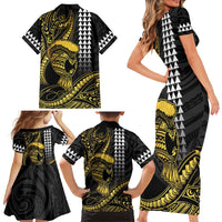 Hawaii Ikaika Warrior Helmet Family Matching Short Sleeve Bodycon Dress and Hawaiian Shirt Gold Style LT05 - Polynesian Pride