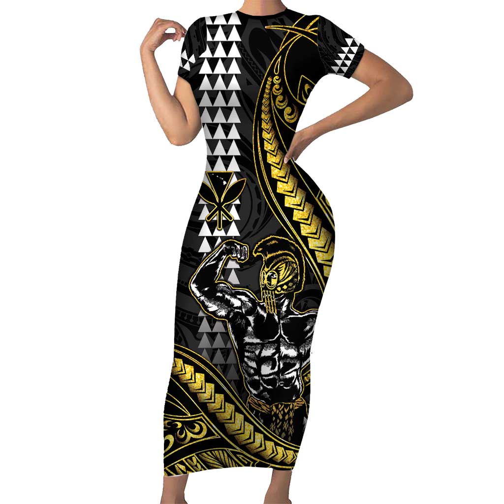 Hawaii Ikaika Warrior Helmet Family Matching Short Sleeve Bodycon Dress and Hawaiian Shirt Gold Style LT05 Mom's Dress Gold - Polynesian Pride