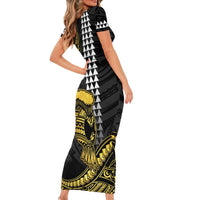 Hawaii Ikaika Warrior Helmet Family Matching Short Sleeve Bodycon Dress and Hawaiian Shirt Gold Style LT05 - Polynesian Pride
