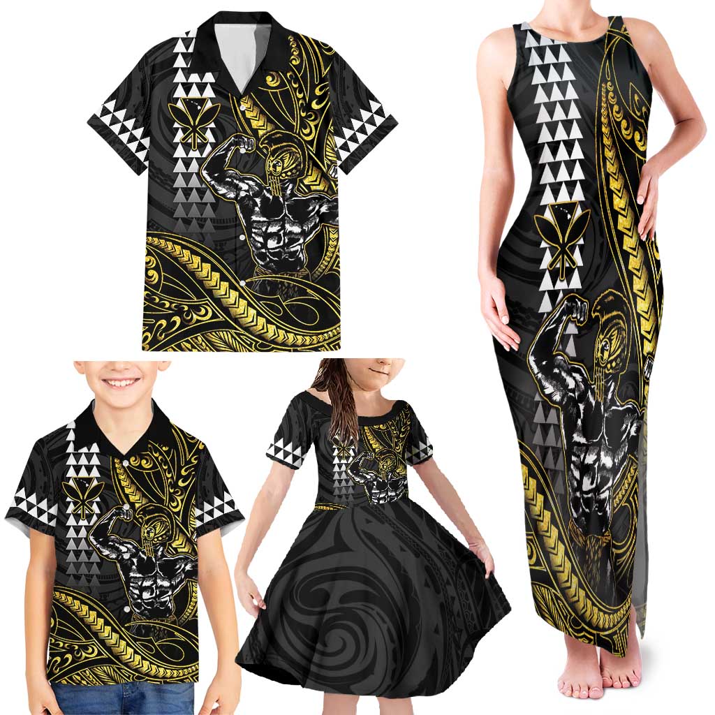 Hawaii Ikaika Warrior Helmet Family Matching Tank Maxi Dress and Hawaiian Shirt Gold Style LT05 - Polynesian Pride
