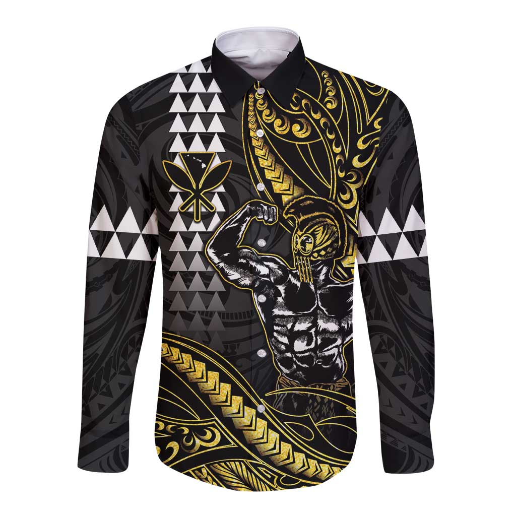 Hawaii Ikaika Warrior Helmet Long Sleeve Button Shirt Gold Style LT05 Unisex Gold - Polynesian Pride