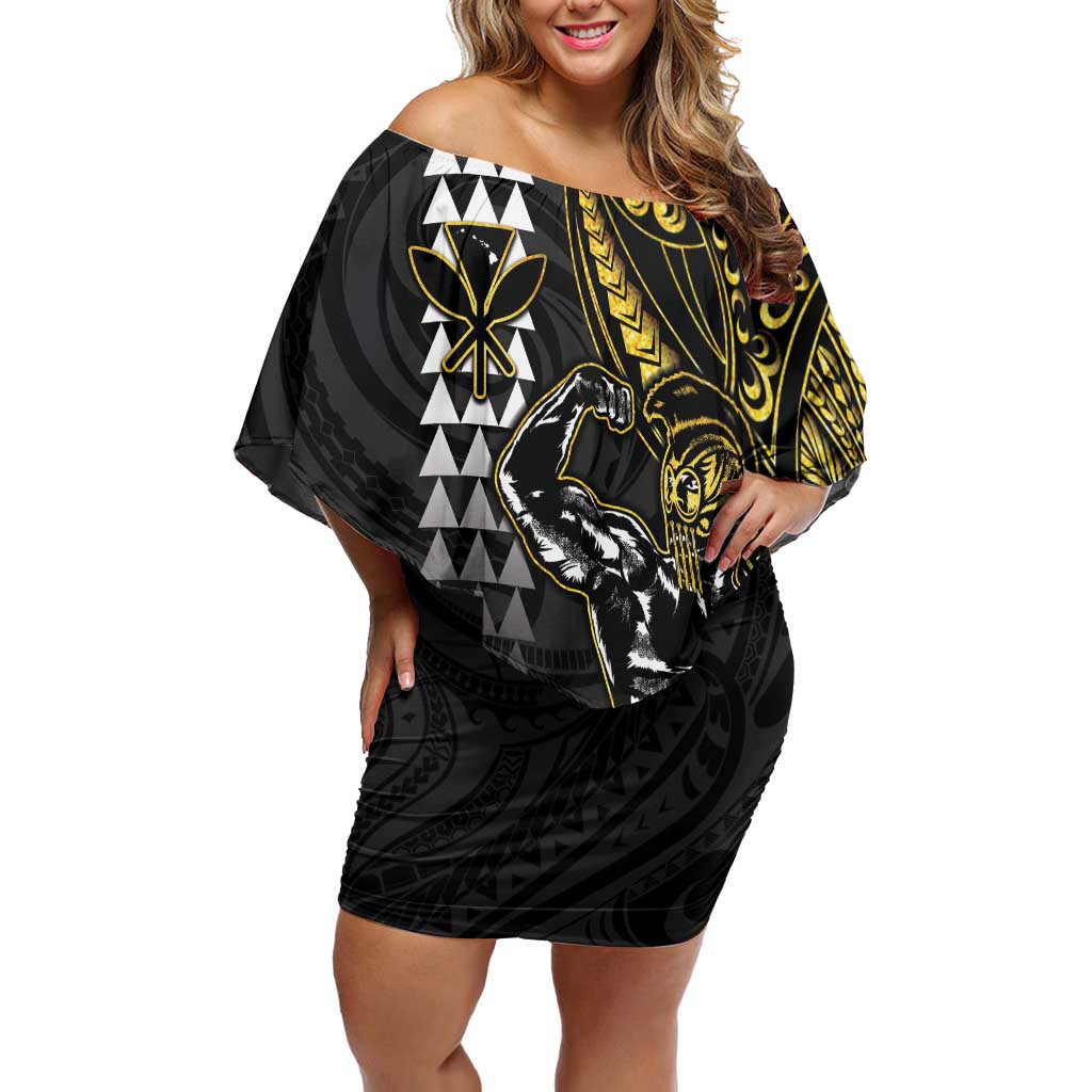 Hawaii Ikaika Warrior Helmet Off Shoulder Short Dress Gold Style LT05 Women Gold - Polynesian Pride
