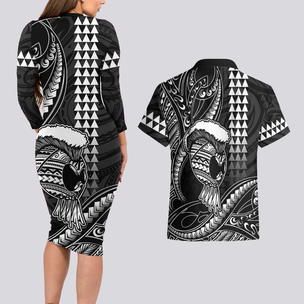 Hawaii Ikaika Warrior Helmet Couples Matching Long Sleeve Bodycon Dress and Hawaiian Shirt Black Tribal Tattoo LT05 - Polynesian Pride