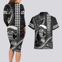 Hawaii Ikaika Warrior Helmet Couples Matching Long Sleeve Bodycon Dress and Hawaiian Shirt Black Tribal Tattoo LT05 - Polynesian Pride
