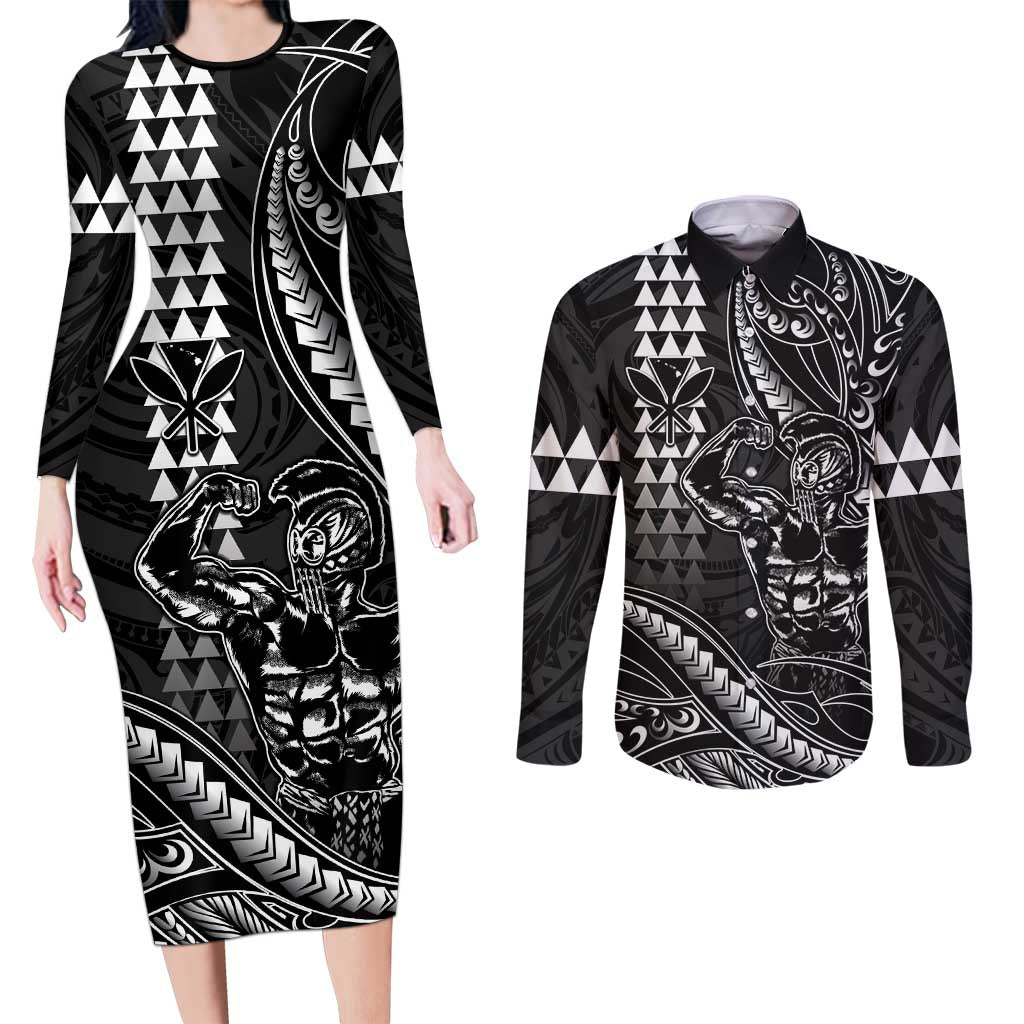 Hawaii Ikaika Warrior Helmet Couples Matching Long Sleeve Bodycon Dress and Long Sleeve Button Shirt Black Tribal Tattoo LT05 Black - Polynesian Pride
