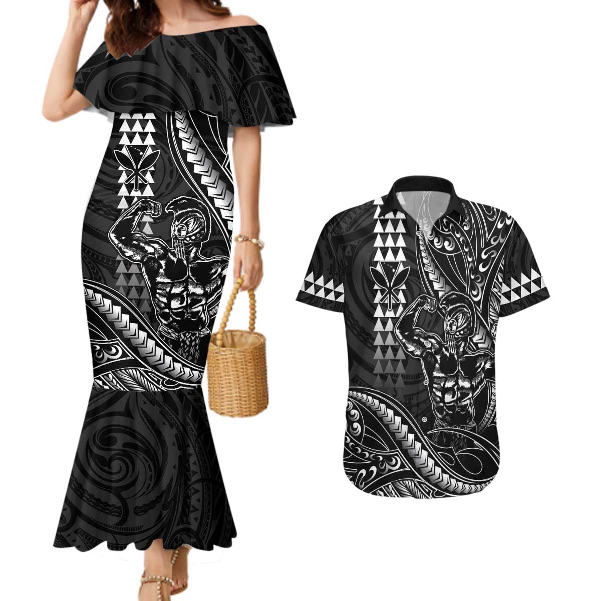 Hawaii Ikaika Warrior Helmet Couples Matching Mermaid Dress and Hawaiian Shirt Black Tribal Tattoo LT05 Black - Polynesian Pride