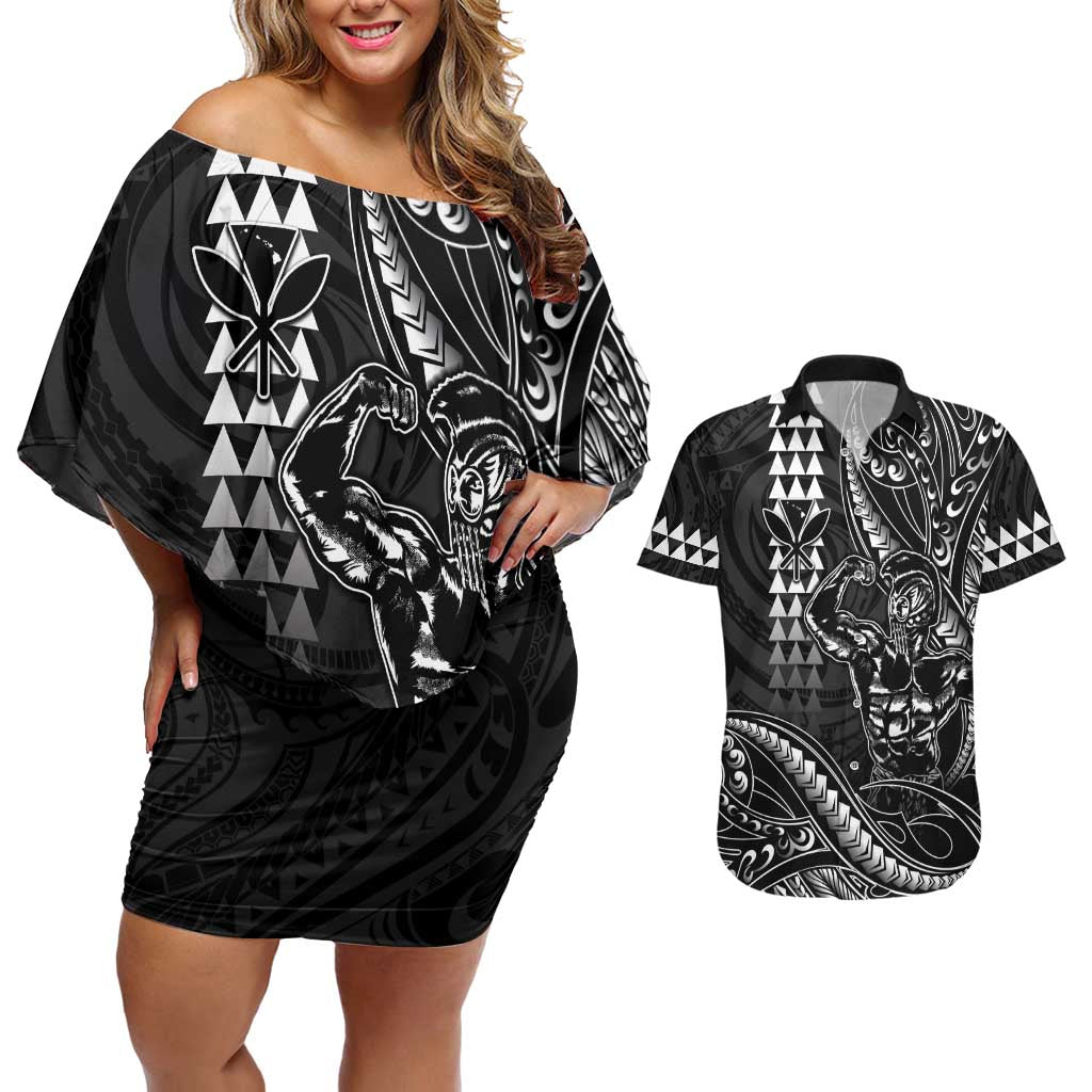 Hawaii Ikaika Warrior Helmet Couples Matching Off Shoulder Short Dress and Hawaiian Shirt Black Tribal Tattoo LT05 Black - Polynesian Pride
