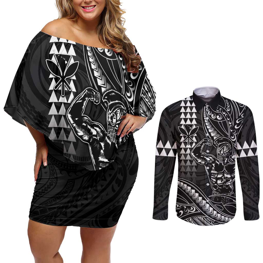 Hawaii Ikaika Warrior Helmet Couples Matching Off Shoulder Short Dress and Long Sleeve Button Shirt Black Tribal Tattoo LT05 Black - Polynesian Pride
