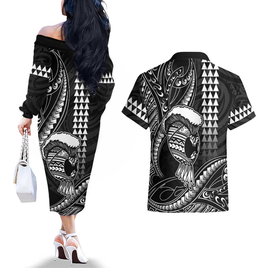 Hawaii Ikaika Warrior Helmet Couples Matching Off The Shoulder Long Sleeve Dress and Hawaiian Shirt Black Tribal Tattoo LT05 - Polynesian Pride
