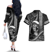 Hawaii Ikaika Warrior Helmet Couples Matching Off The Shoulder Long Sleeve Dress and Hawaiian Shirt Black Tribal Tattoo LT05 - Polynesian Pride