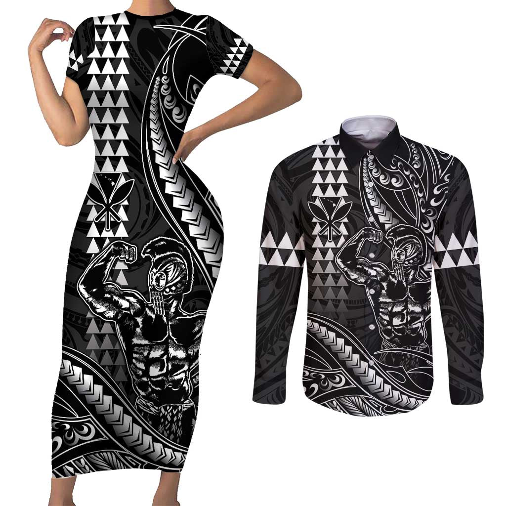 Hawaii Ikaika Warrior Helmet Couples Matching Short Sleeve Bodycon Dress and Long Sleeve Button Shirt Black Tribal Tattoo LT05 Black - Polynesian Pride