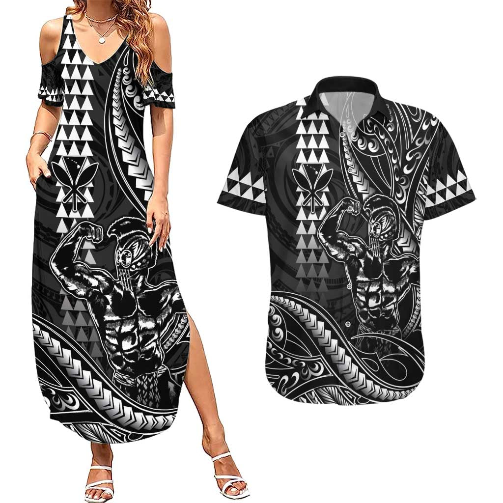 Hawaii Ikaika Warrior Helmet Couples Matching Summer Maxi Dress and Hawaiian Shirt Black Tribal Tattoo LT05 Black - Polynesian Pride