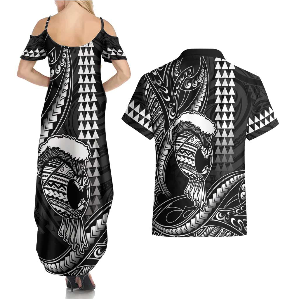 Hawaii Ikaika Warrior Helmet Couples Matching Summer Maxi Dress and Hawaiian Shirt Black Tribal Tattoo LT05 - Polynesian Pride