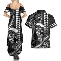 Hawaii Ikaika Warrior Helmet Couples Matching Summer Maxi Dress and Hawaiian Shirt Black Tribal Tattoo LT05 - Polynesian Pride