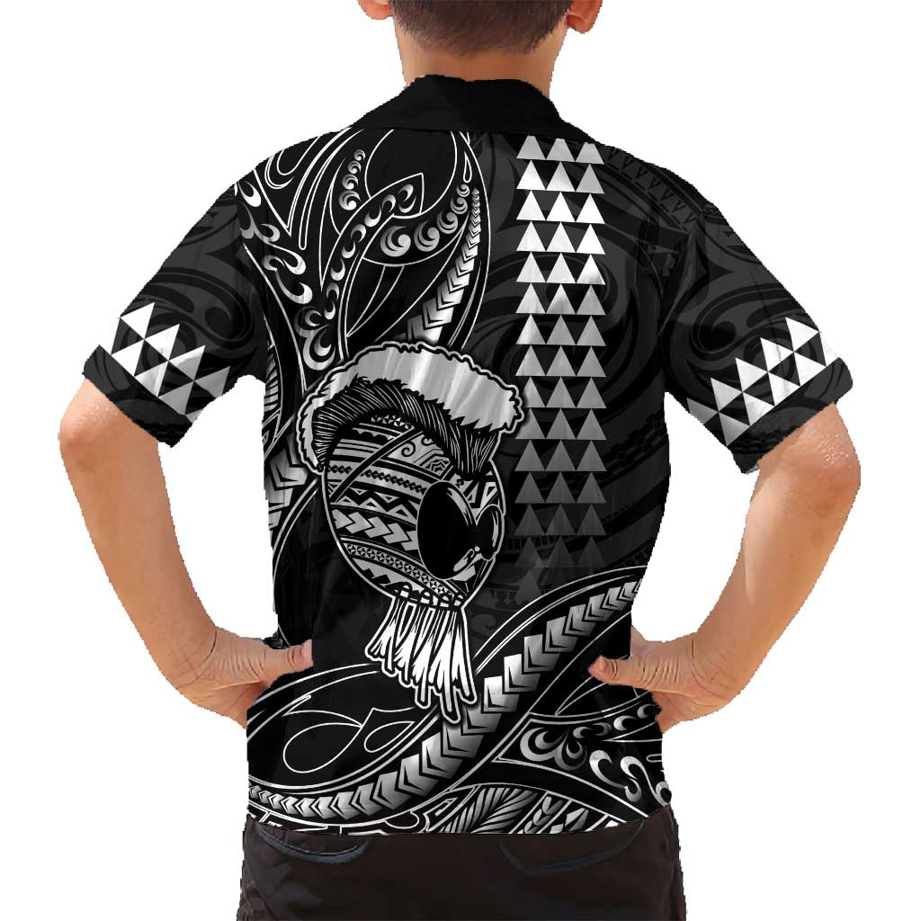 Hawaii Ikaika Warrior Helmet Family Matching Long Sleeve Bodycon Dress and Hawaiian Shirt Black Tribal Tattoo LT05 - Polynesian Pride