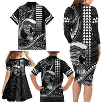 Hawaii Ikaika Warrior Helmet Family Matching Long Sleeve Bodycon Dress and Hawaiian Shirt Black Tribal Tattoo LT05 - Polynesian Pride