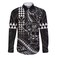 Hawaii Ikaika Warrior Helmet Family Matching Long Sleeve Bodycon Dress and Hawaiian Shirt Black Tribal Tattoo LT05 Dad's Shirt - Long Sleeve Black - Polynesian Pride