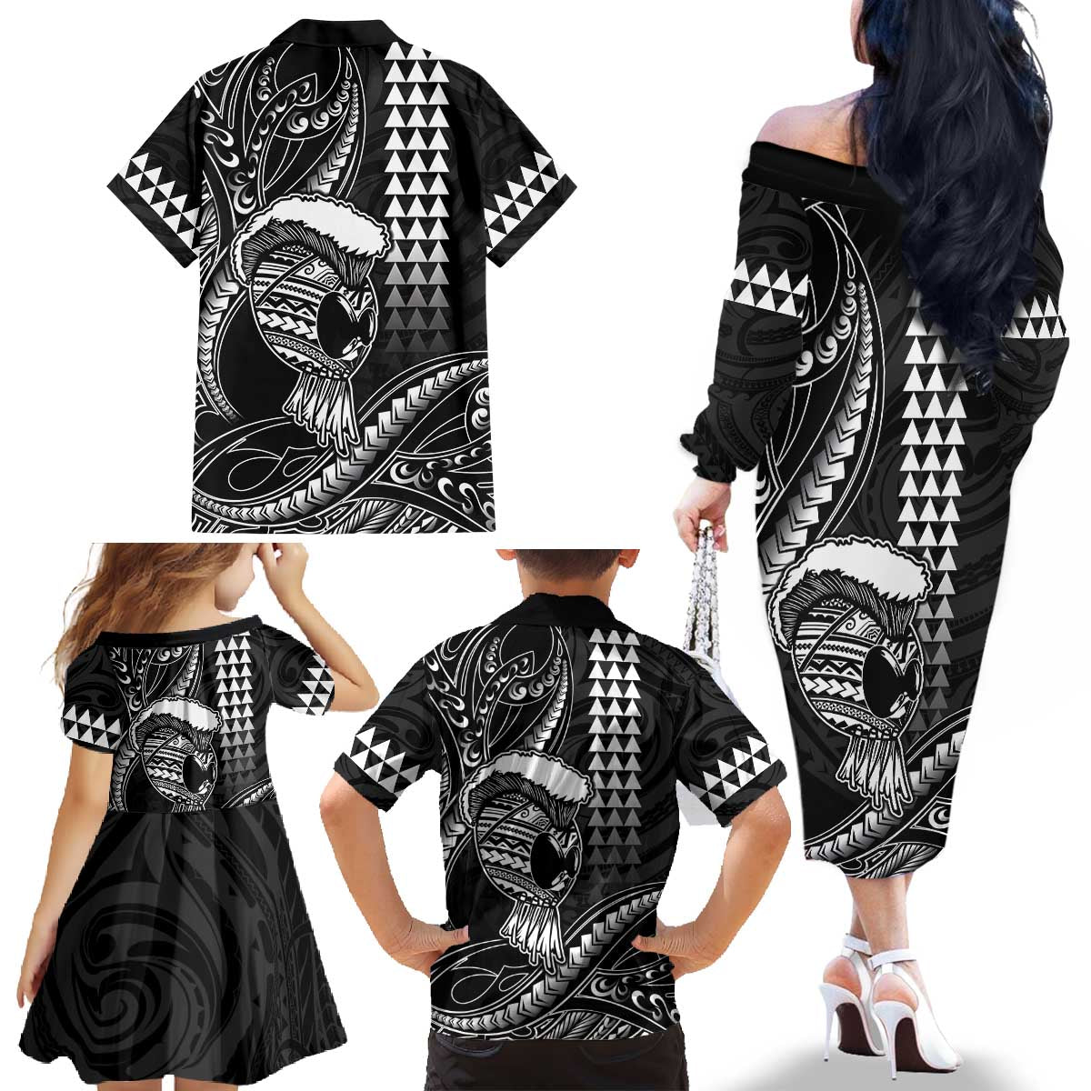 Hawaii Ikaika Warrior Helmet Family Matching Off The Shoulder Long Sleeve Dress and Hawaiian Shirt Black Tribal Tattoo LT05 - Polynesian Pride