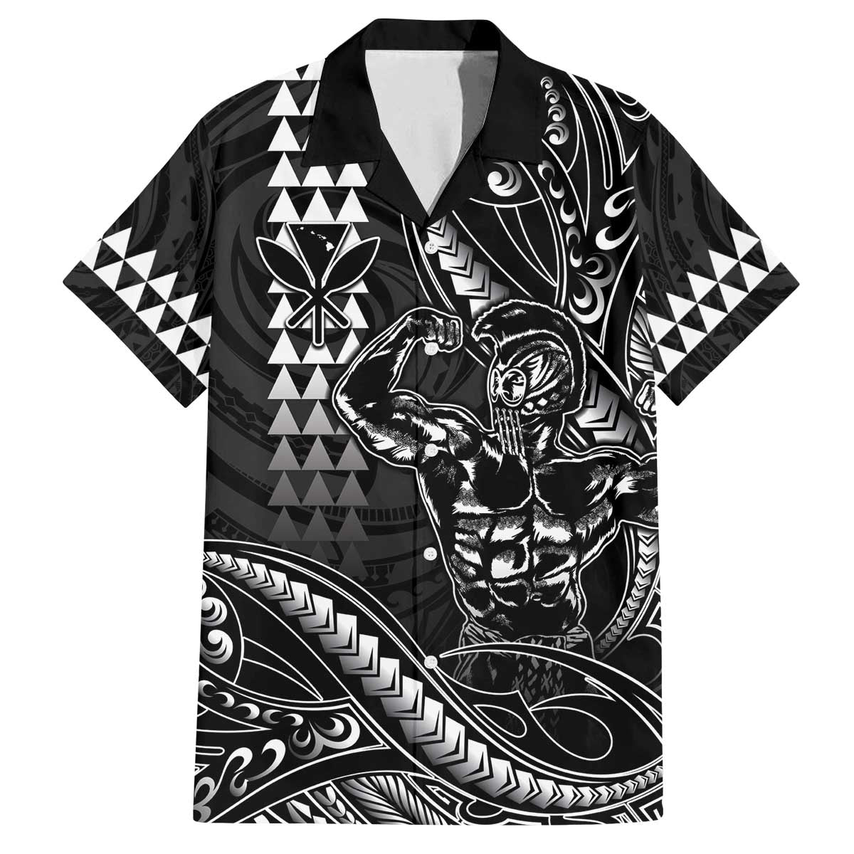 Hawaii Ikaika Warrior Helmet Family Matching Off The Shoulder Long Sleeve Dress and Hawaiian Shirt Black Tribal Tattoo LT05 Dad's Shirt - Short Sleeve Black - Polynesian Pride