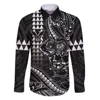Hawaii Ikaika Warrior Helmet Family Matching Off The Shoulder Long Sleeve Dress and Hawaiian Shirt Black Tribal Tattoo LT05 Dad's Shirt - Long Sleeve Black - Polynesian Pride