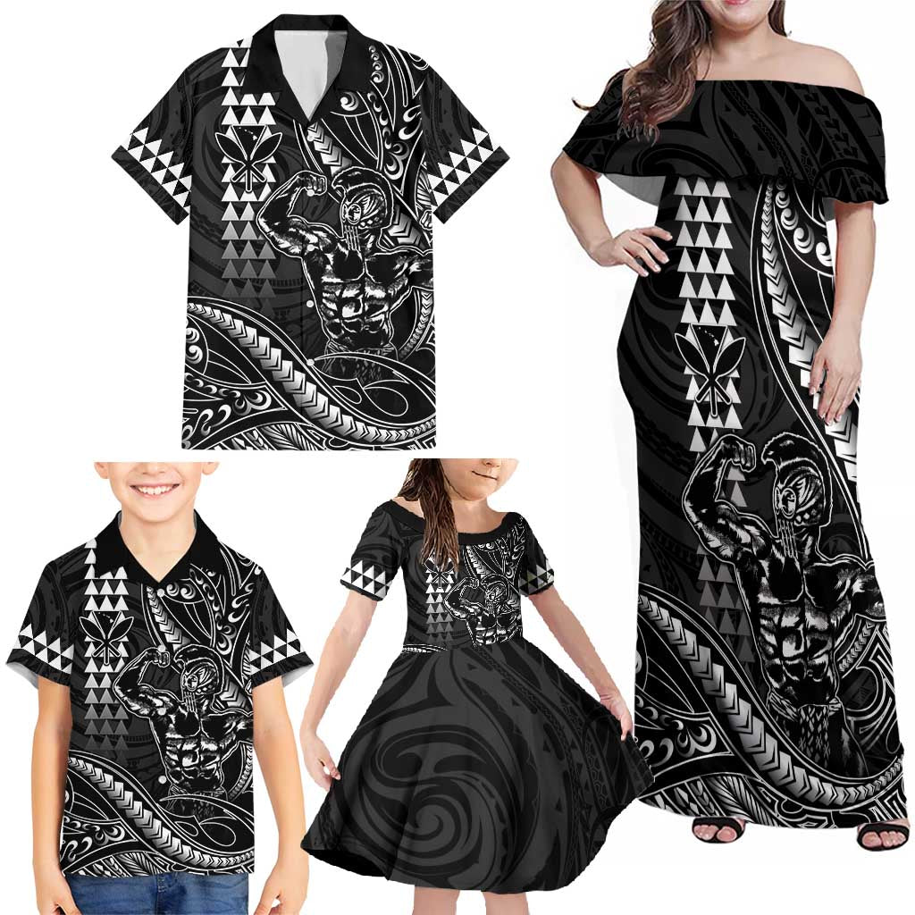 Hawaii Ikaika Warrior Helmet Family Matching Off Shoulder Maxi Dress and Hawaiian Shirt Black Tribal Tattoo LT05 - Polynesian Pride