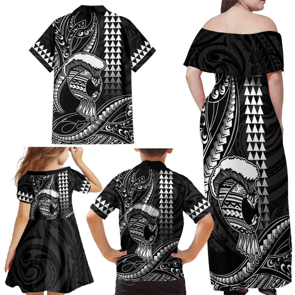 Hawaii Ikaika Warrior Helmet Family Matching Off Shoulder Maxi Dress and Hawaiian Shirt Black Tribal Tattoo LT05 - Polynesian Pride
