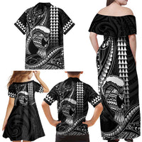 Hawaii Ikaika Warrior Helmet Family Matching Off Shoulder Maxi Dress and Hawaiian Shirt Black Tribal Tattoo LT05 - Polynesian Pride