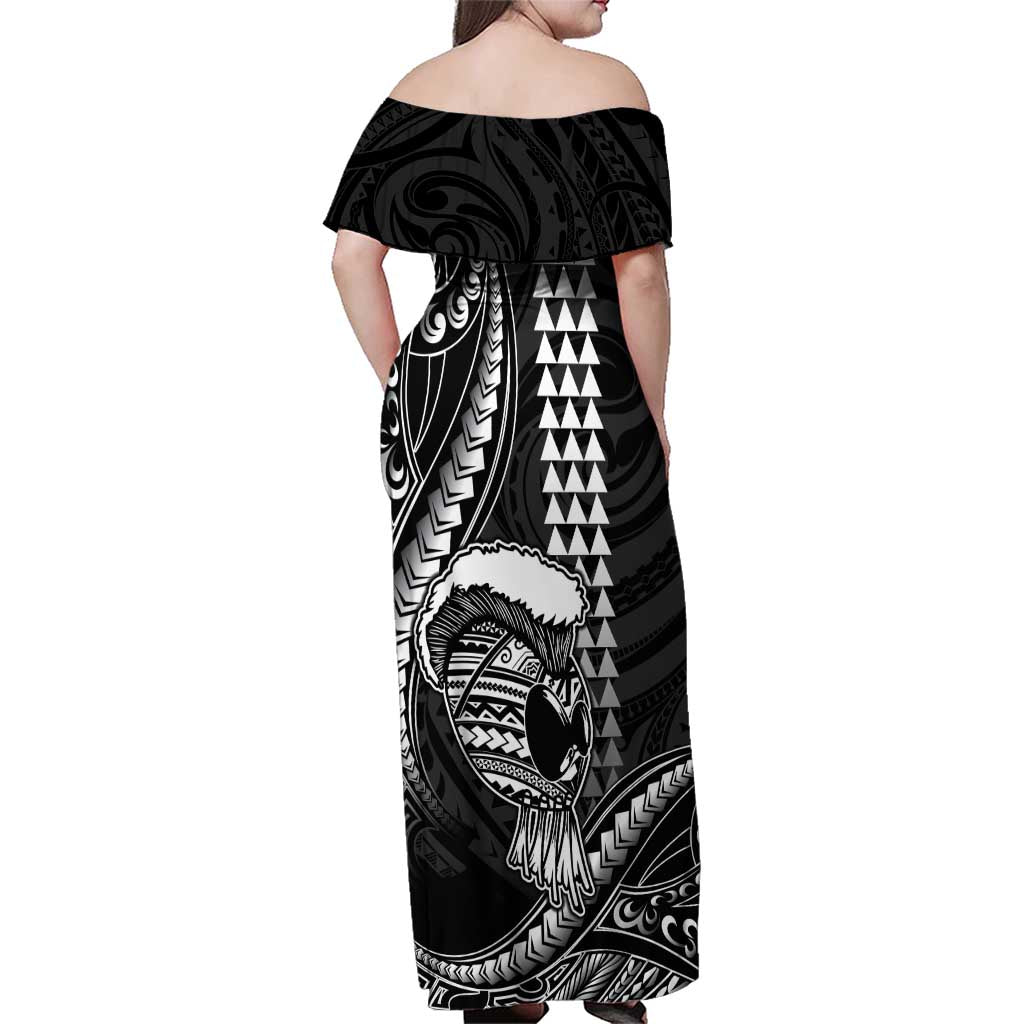 Hawaii Ikaika Warrior Helmet Family Matching Off Shoulder Maxi Dress and Hawaiian Shirt Black Tribal Tattoo LT05 - Polynesian Pride