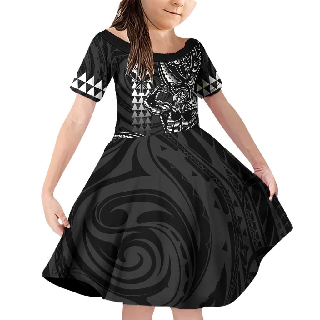 Hawaii Ikaika Warrior Helmet Family Matching Off Shoulder Short Dress and Hawaiian Shirt Black Tribal Tattoo LT05 Daughter's Dress Black - Polynesian Pride