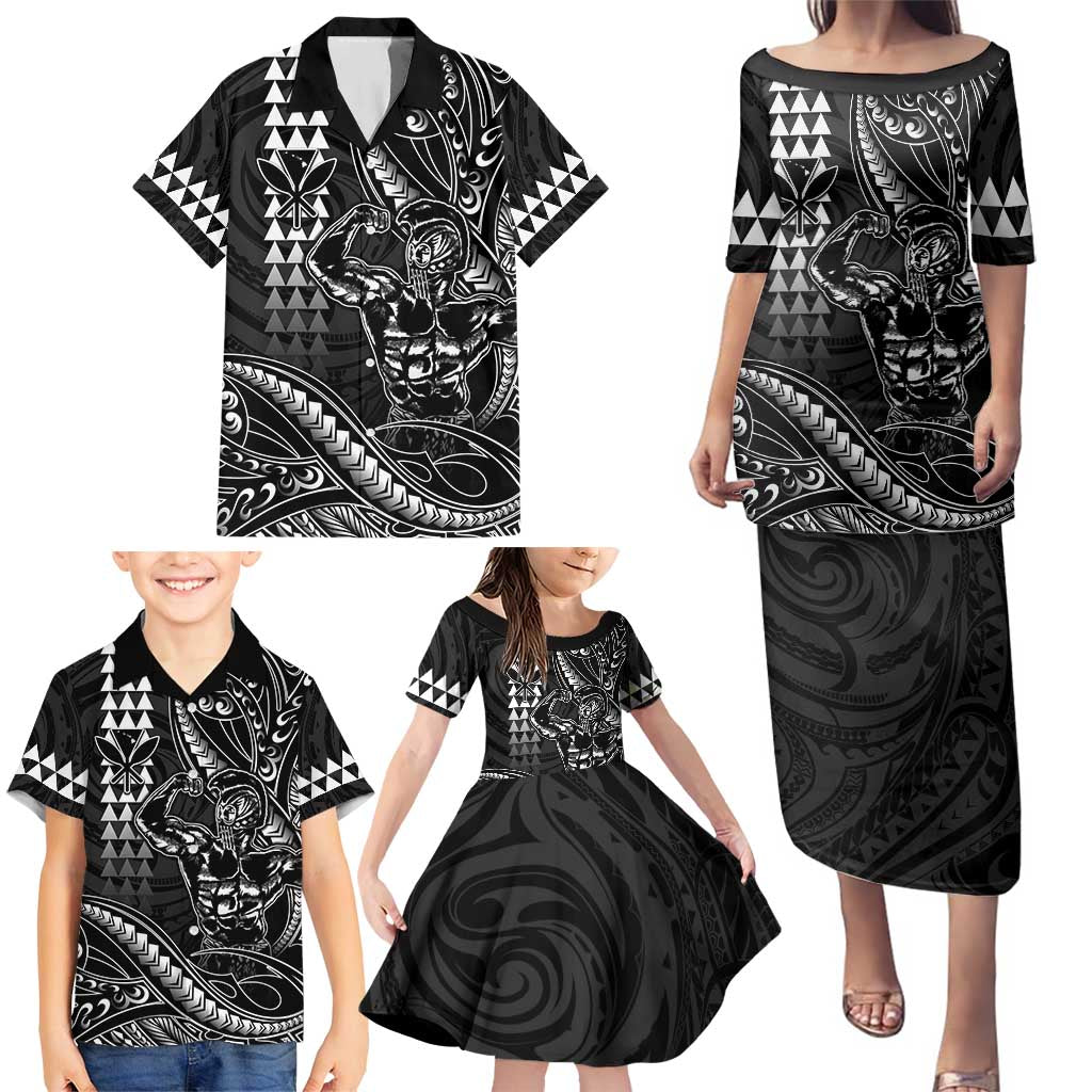 Hawaii Ikaika Warrior Helmet Family Matching Puletasi and Hawaiian Shirt Black Tribal Tattoo LT05 - Polynesian Pride