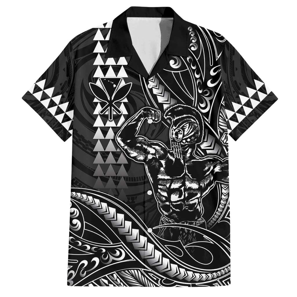 Hawaii Ikaika Warrior Helmet Family Matching Puletasi and Hawaiian Shirt Black Tribal Tattoo LT05 Dad's Shirt - Short Sleeve Black - Polynesian Pride