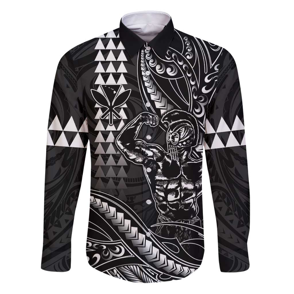Hawaii Ikaika Warrior Helmet Family Matching Puletasi and Hawaiian Shirt Black Tribal Tattoo LT05 Dad's Shirt - Long Sleeve Black - Polynesian Pride