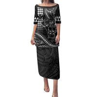 Hawaii Ikaika Warrior Helmet Family Matching Puletasi and Hawaiian Shirt Black Tribal Tattoo LT05 Mom's Dress Black - Polynesian Pride