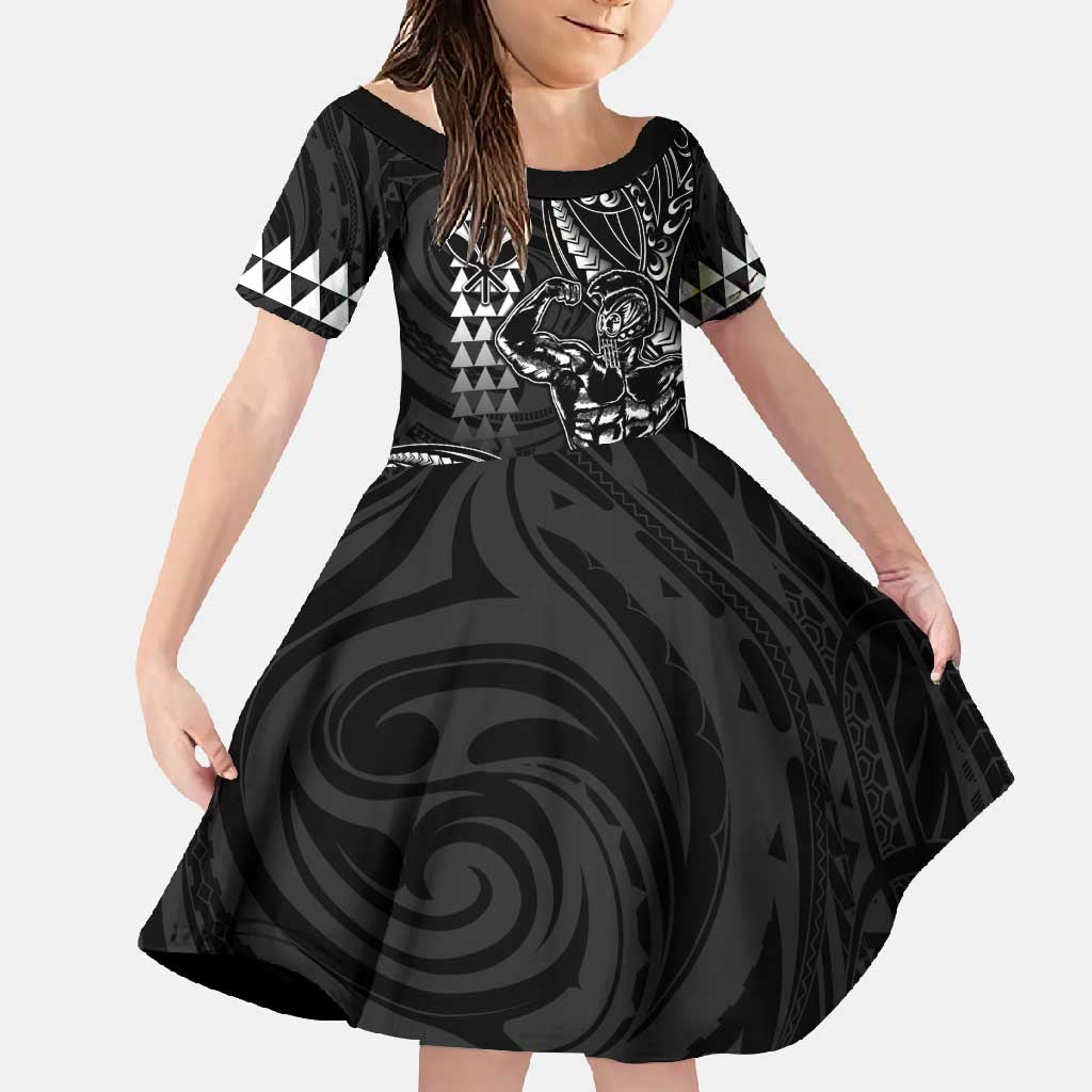Hawaii Ikaika Warrior Helmet Family Matching Short Sleeve Bodycon Dress and Hawaiian Shirt Black Tribal Tattoo LT05 Daughter's Dress Black - Polynesian Pride