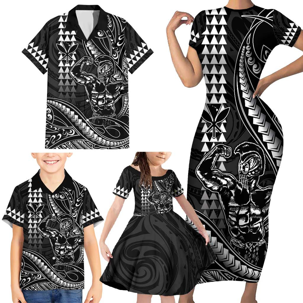 Hawaii Ikaika Warrior Helmet Family Matching Short Sleeve Bodycon Dress and Hawaiian Shirt Black Tribal Tattoo LT05 - Polynesian Pride
