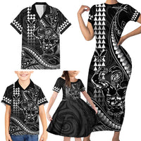 Hawaii Ikaika Warrior Helmet Family Matching Short Sleeve Bodycon Dress and Hawaiian Shirt Black Tribal Tattoo LT05 - Polynesian Pride