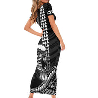 Hawaii Ikaika Warrior Helmet Family Matching Short Sleeve Bodycon Dress and Hawaiian Shirt Black Tribal Tattoo LT05 - Polynesian Pride