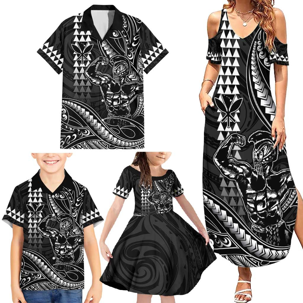 Hawaii Ikaika Warrior Helmet Family Matching Summer Maxi Dress and Hawaiian Shirt Black Tribal Tattoo LT05 - Polynesian Pride