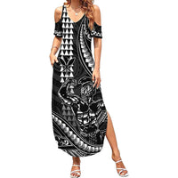 Hawaii Ikaika Warrior Helmet Family Matching Summer Maxi Dress and Hawaiian Shirt Black Tribal Tattoo LT05 Mom's Dress Black - Polynesian Pride