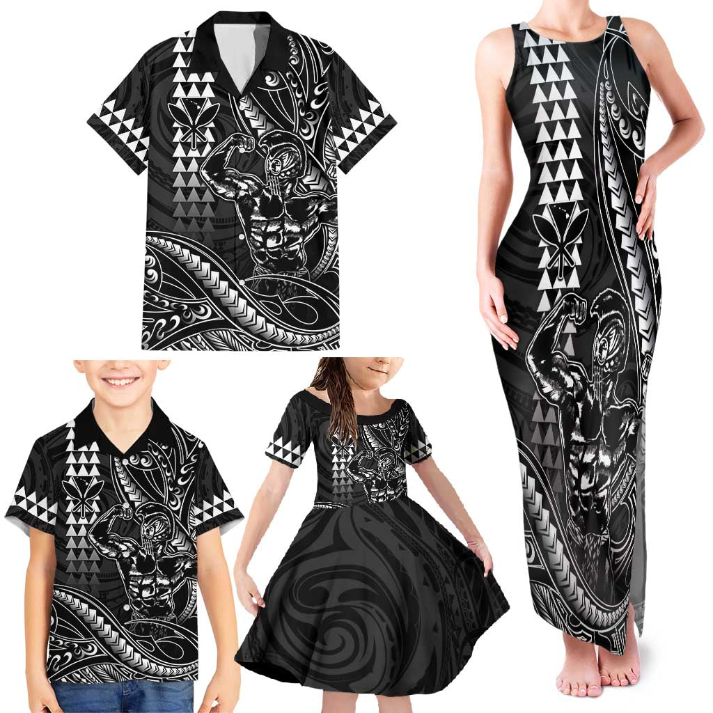 Hawaii Ikaika Warrior Helmet Family Matching Tank Maxi Dress and Hawaiian Shirt Black Tribal Tattoo LT05 - Polynesian Pride