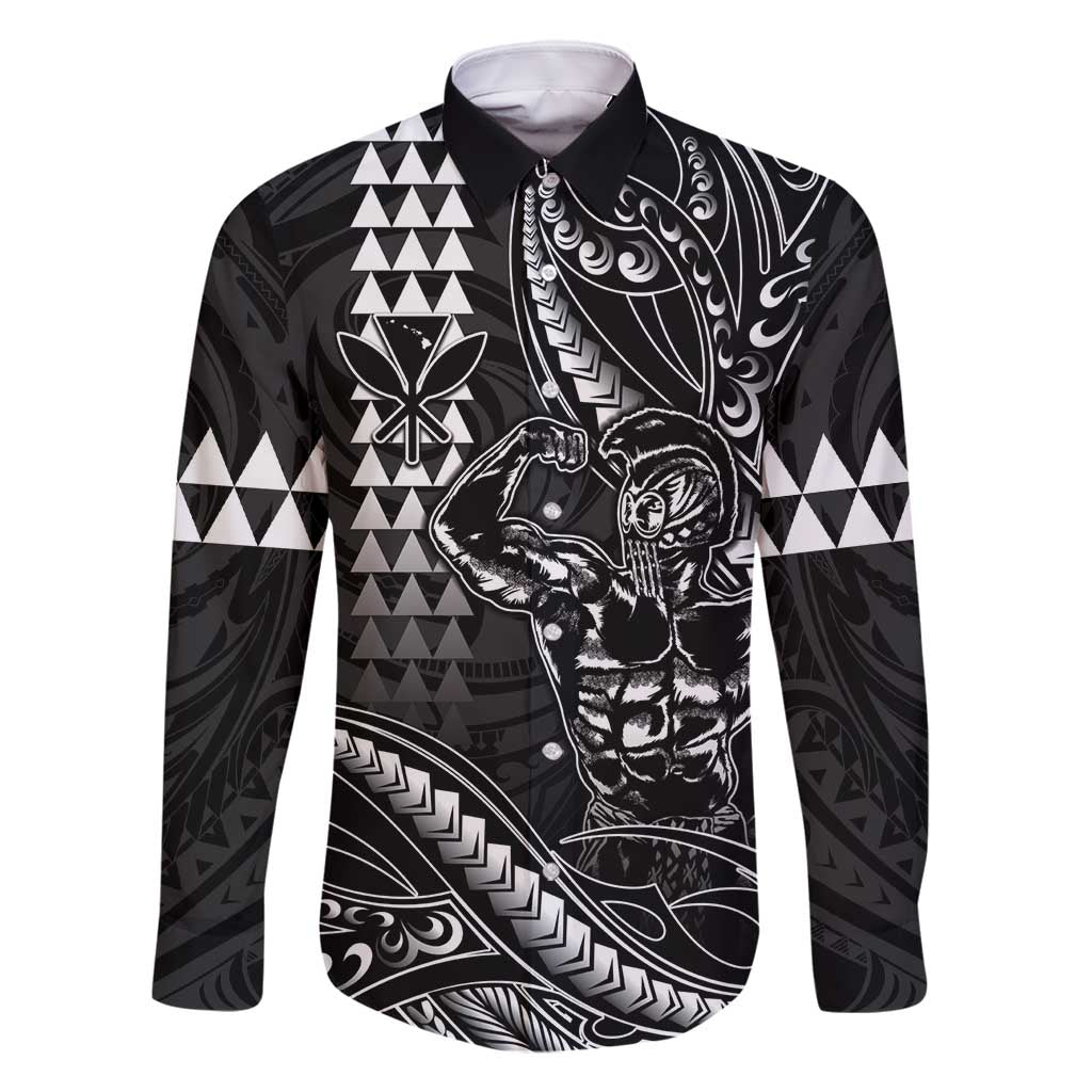 Hawaii Ikaika Warrior Helmet Family Matching Tank Maxi Dress and Hawaiian Shirt Black Tribal Tattoo LT05 Dad's Shirt - Long Sleeve Black - Polynesian Pride